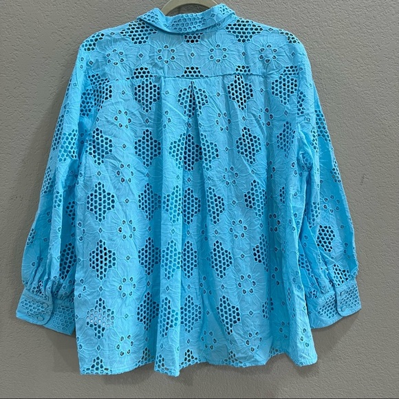 J.Crew Women's XXL Aqua Blue Long-Sleeve Eyelet Popover Blouse Casual Summer NWT - Picture 3 of 11